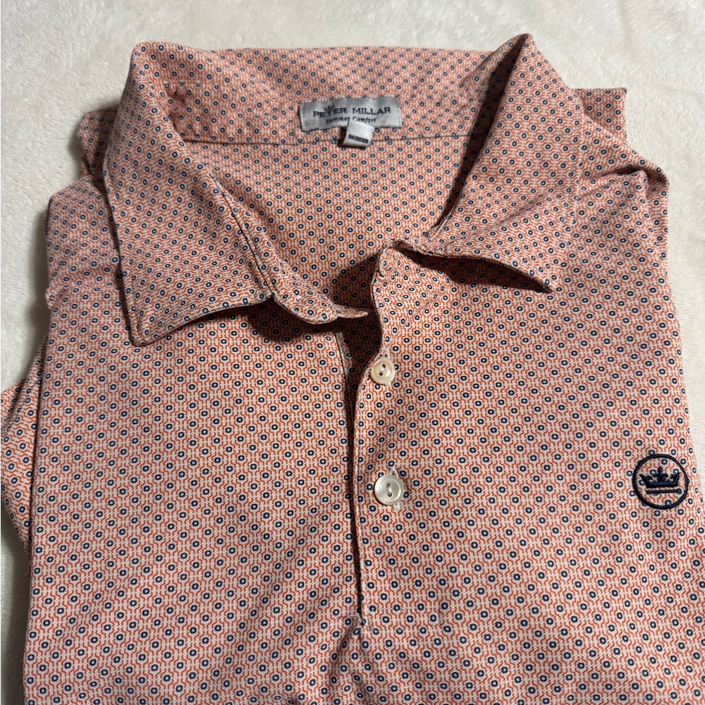 Peter Millar Men's Polo Shirt in Orange and Blue Pattern